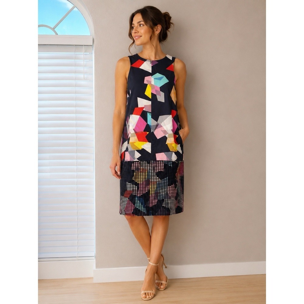 Trina Turk Geometric Print Sleeveless Shift Dress Size S Multicolor Lined
